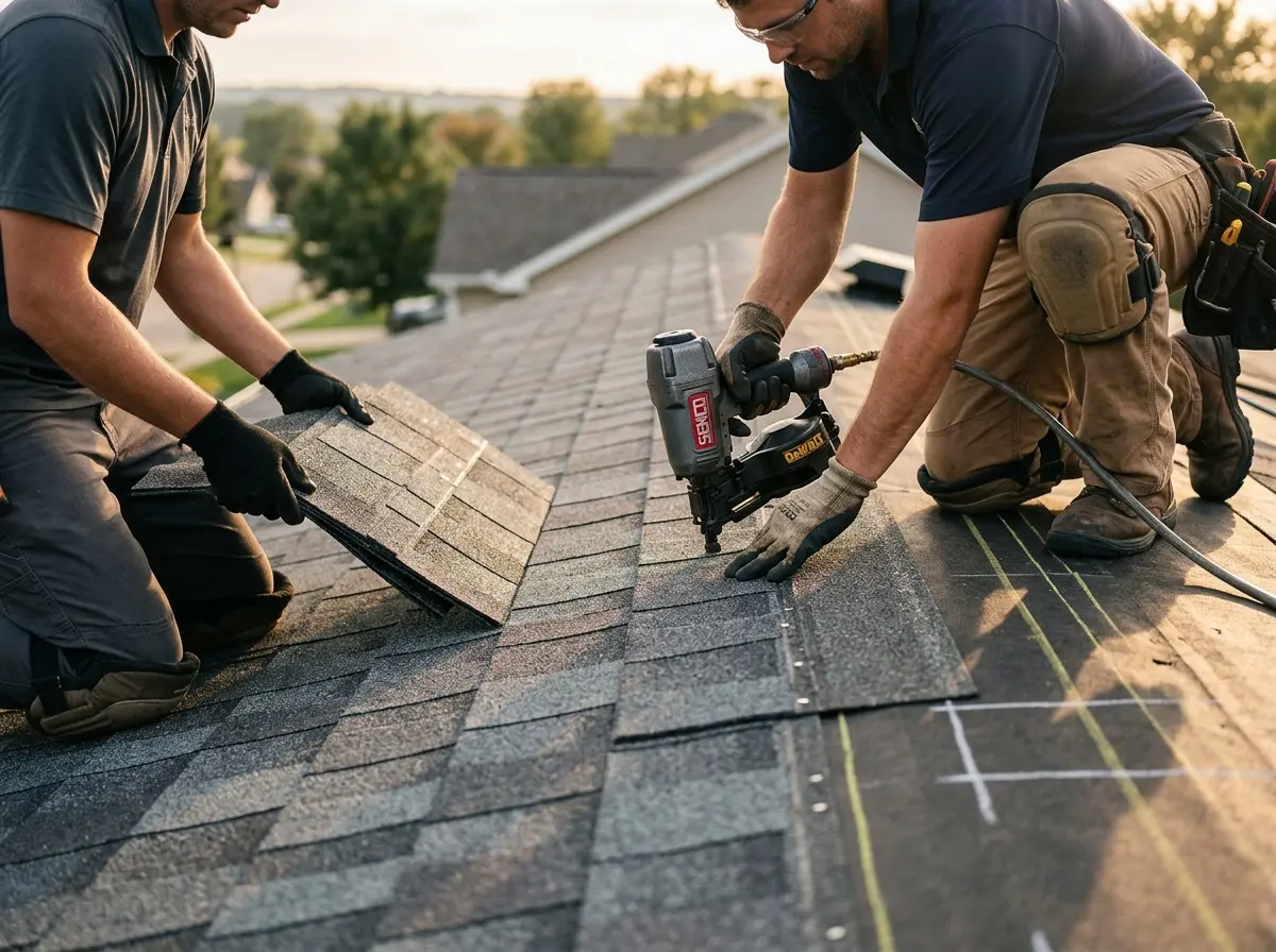 Professional roofer working on a residential roof in New Fairfield